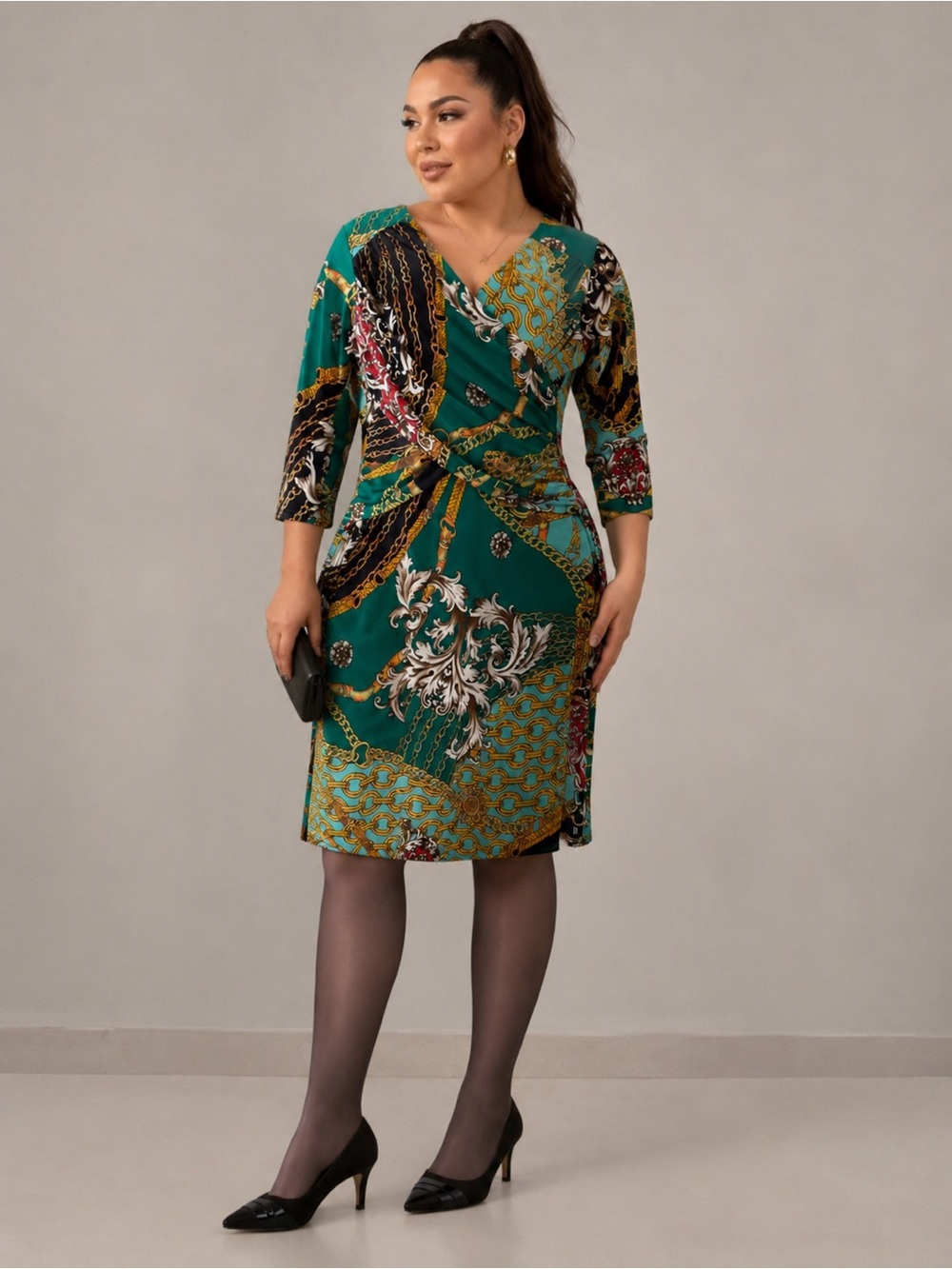 Reminiscence of Versace B-Slim NY Collection Green Chain Print Midi Dress